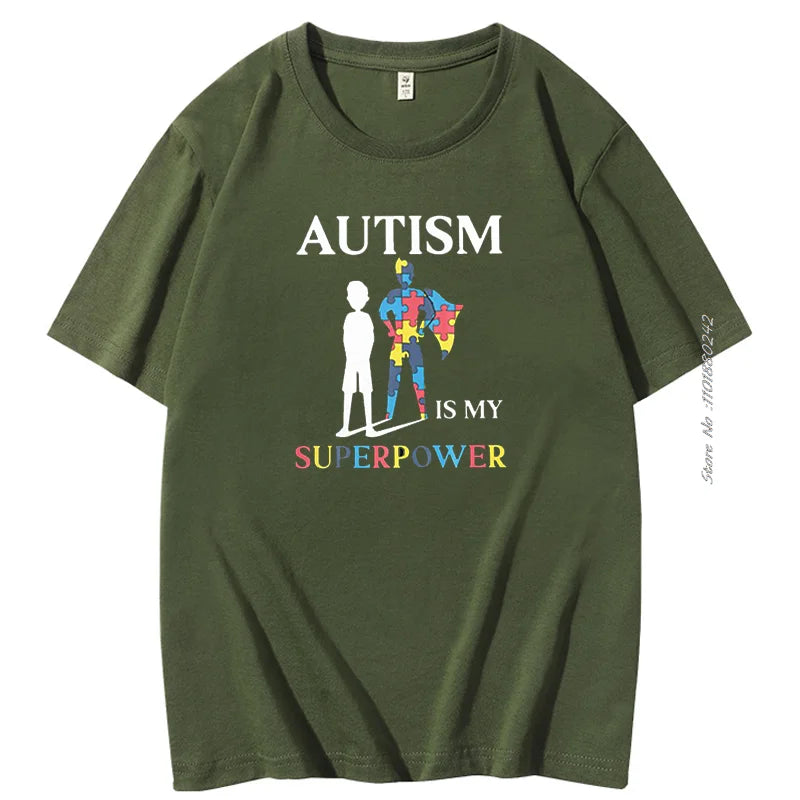 Autism Is My Super Power Puzzle Piece Cotton Funny men's short sleeve t-shirt Autism Graphic Tee Summer Men's clothing