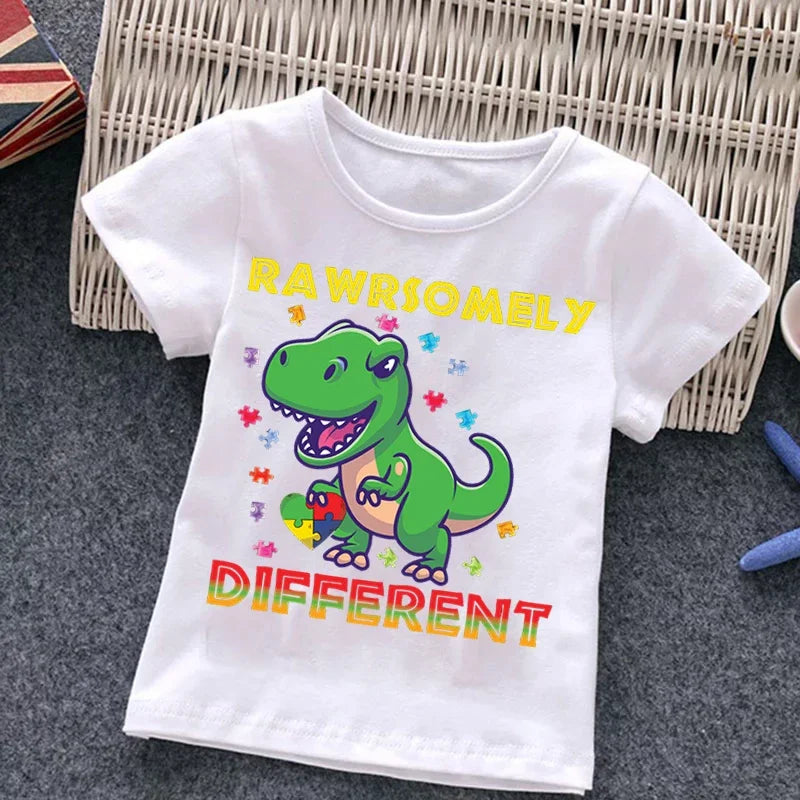 Autism Kids Boy T-Shirt Girls Cartoon Puzzle Tops Cute Baby Cotton Summer Clothes Toddler Dinosaur T Shirts Children