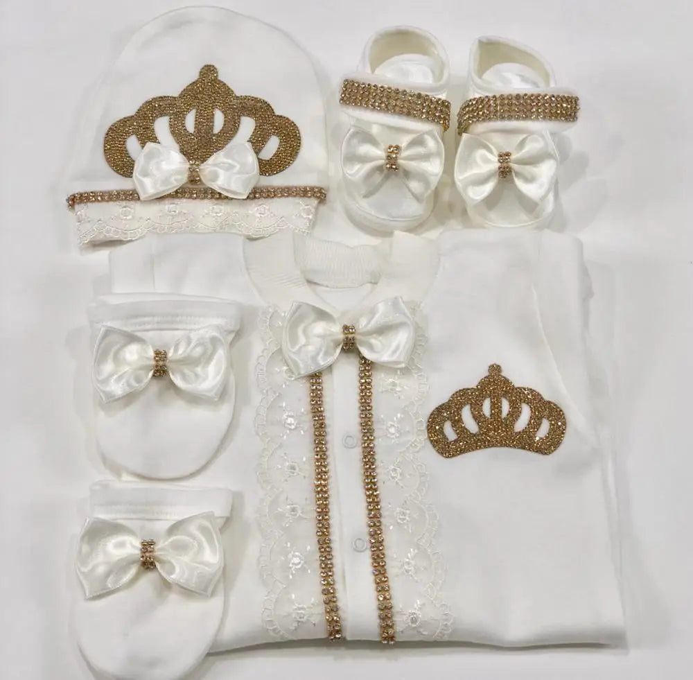 Dollbling Emerald Gold Crystal Luxury Baby Bling Romper Set My 1st Christmas Photography 4pcs Romper Hat Mittens Shoes Set