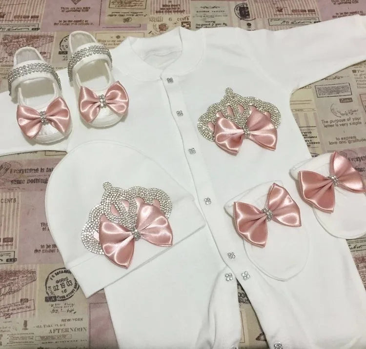 Dollbling Emerald Gold Crystal Luxury Baby Bling Romper Set My 1st Christmas Photography 4pcs Romper Hat Mittens Shoes Set