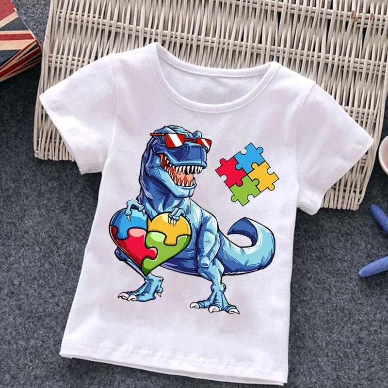 Autism Kids Boy T-Shirt Girls Cartoon Puzzle Tops Cute Baby Cotton Summer Clothes Toddler Dinosaur T Shirts Children