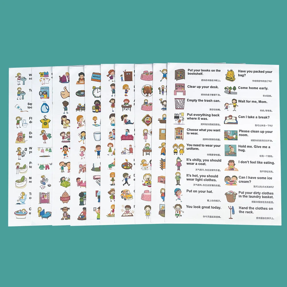 200 Family Daily Routines Sentences Common English Chinese Situational Early Childhood Education Sticker Label for Kids Decor