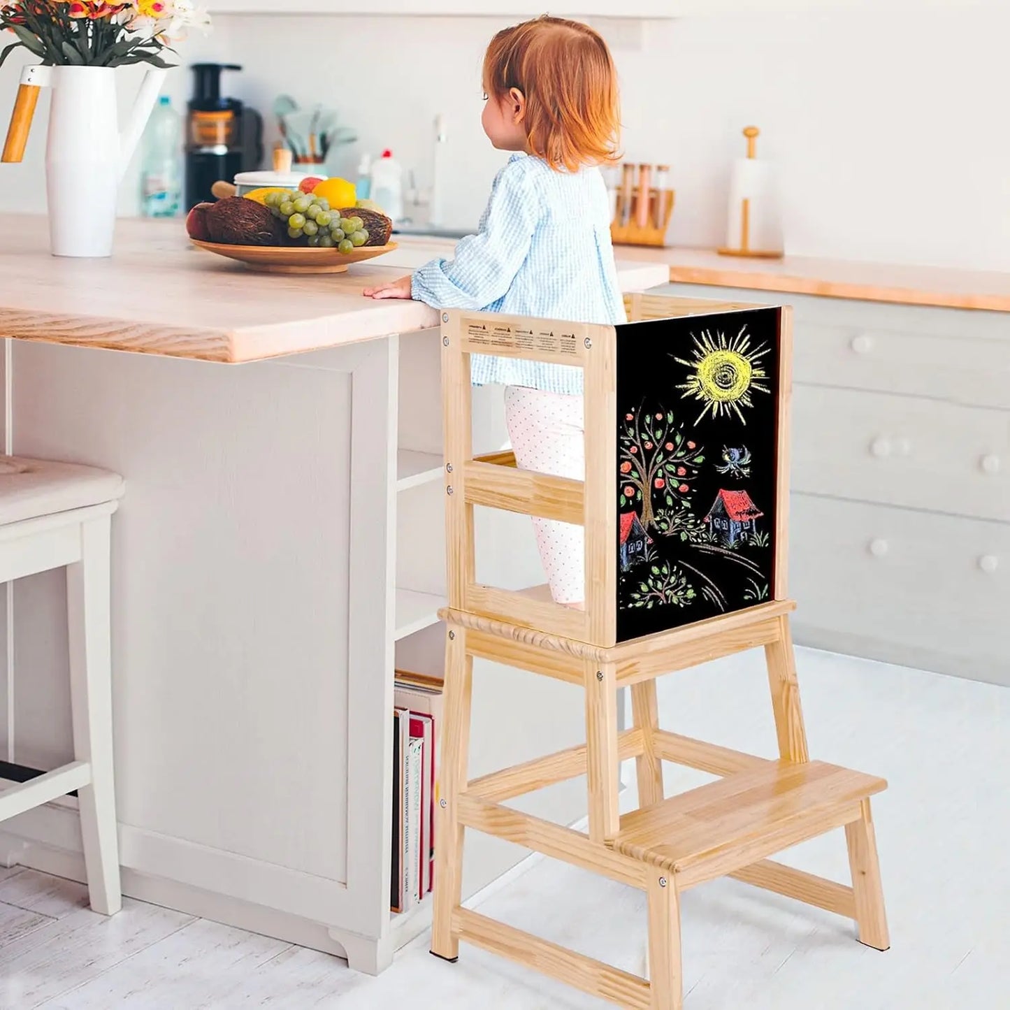 Kids Kitchen Step Stool with Chalkboard & Safety Rail for Toddlers 18 Months and Older, Safety Anti-Slip Protection