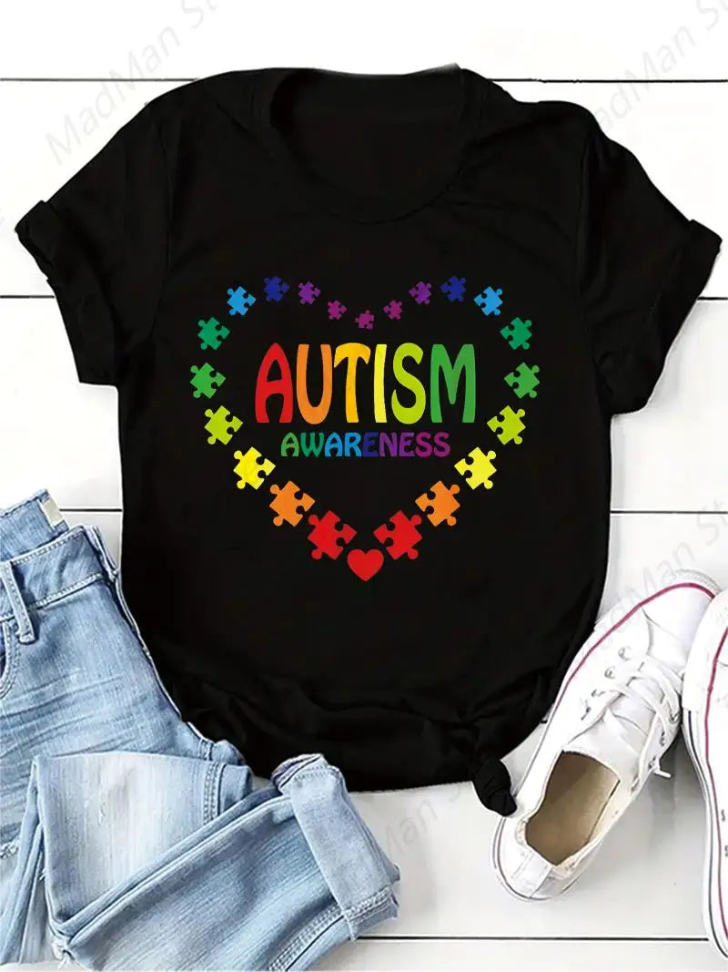 Love Autism Awareness Heart T-Shirt Print T shirt Girl Casual Regular Tops Tee Lady Clothes Summer O-neck Short Sleeve