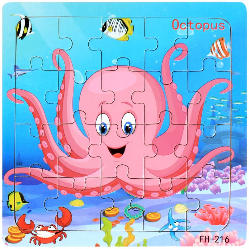 New 20 Piece Wooden 3d Puzzle Cartoon Animal Vehicle Jigsaw Puzzle Montessori Educational Toys For Kids Baby 1 2 3 Years