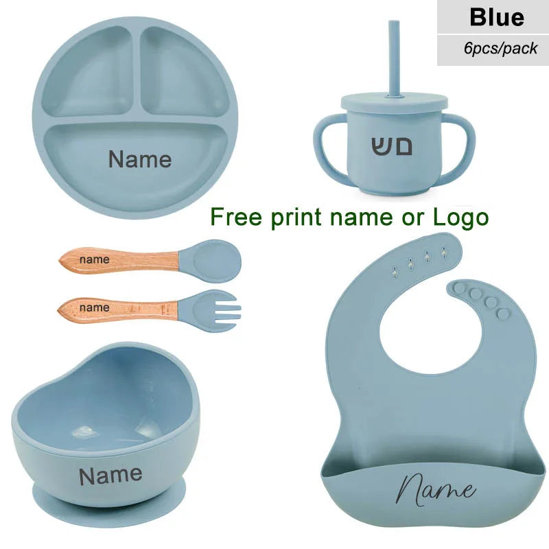 6Pcs Silicone Tableware For Kids Baby Feeding Sets Sucker Bowl Dining Plate Spoon Fork Bib Cup Personalized Name Children's Gift