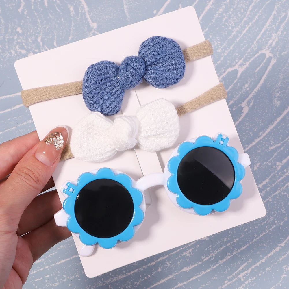 2Pcs/Pack Vintage Kids Summer Bows Headband Round Sunglasses Children Sun Glasses Protection Glasses Baby Hair Accessories