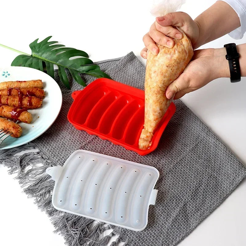 Silicone Food Grade Sausage Mould 6 Cavity Homemade Ham Hot Dog Making Tray Household Cake Baking Molds with Lid Kitchen Tools