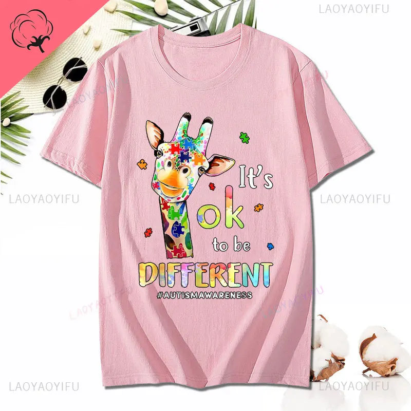 Cute Giraffe Animal Its Ok To Be Different T-Shirt Autism Awareness T Shirt Kawaii Clothes Man Women Clothing Cotton Short-sleev