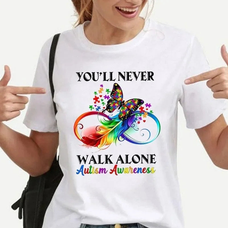 Autism Never Walk Alone Print Women T Shirt Short Sleeve O Neck Loose Women Tshirt Ladies Tee Shirt Tops Clothes Camisetas Mujer