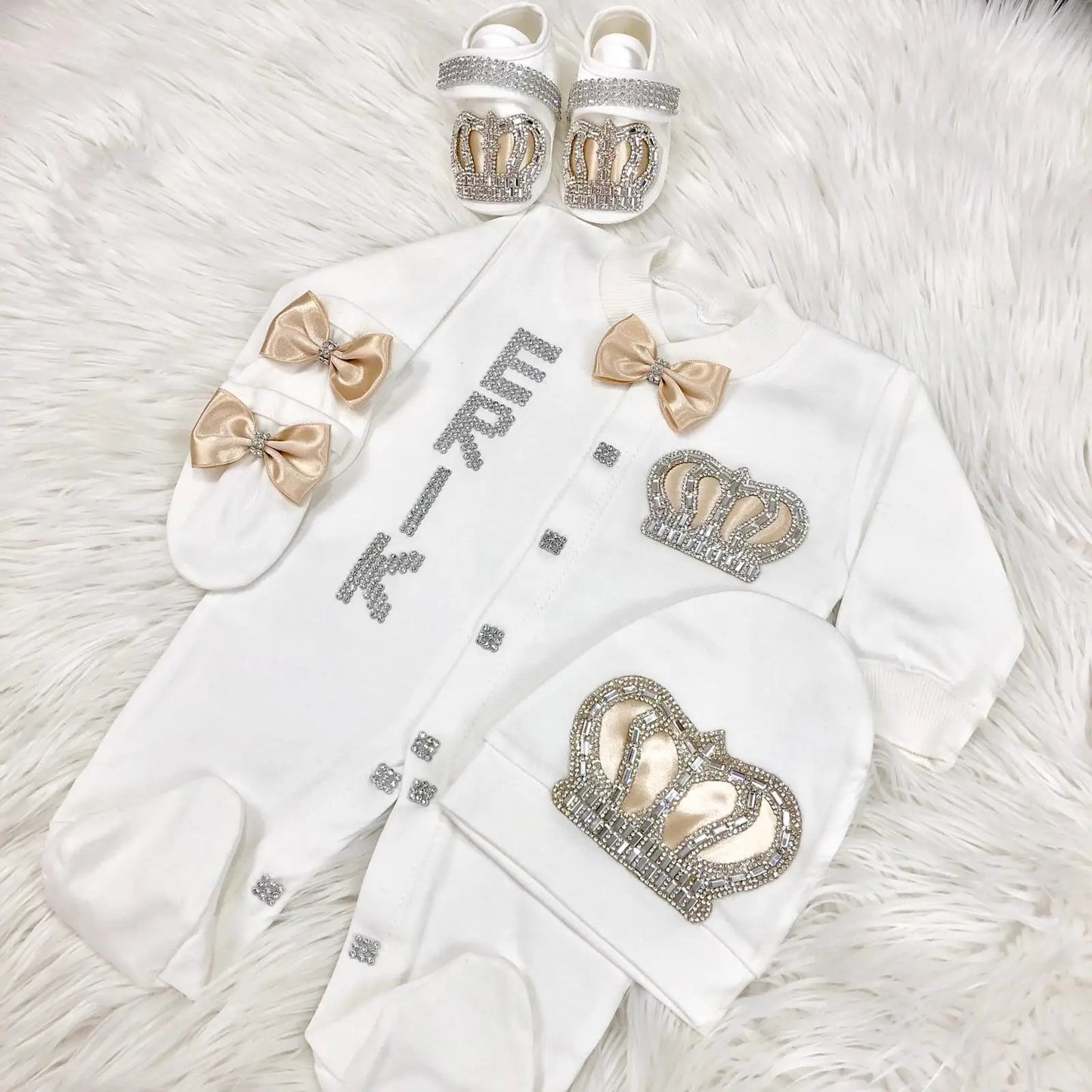 Dollbling Emerald Gold Crystal Luxury Baby Bling Romper Set My 1st Christmas Photography 4pcs Romper Hat Mittens Shoes Set