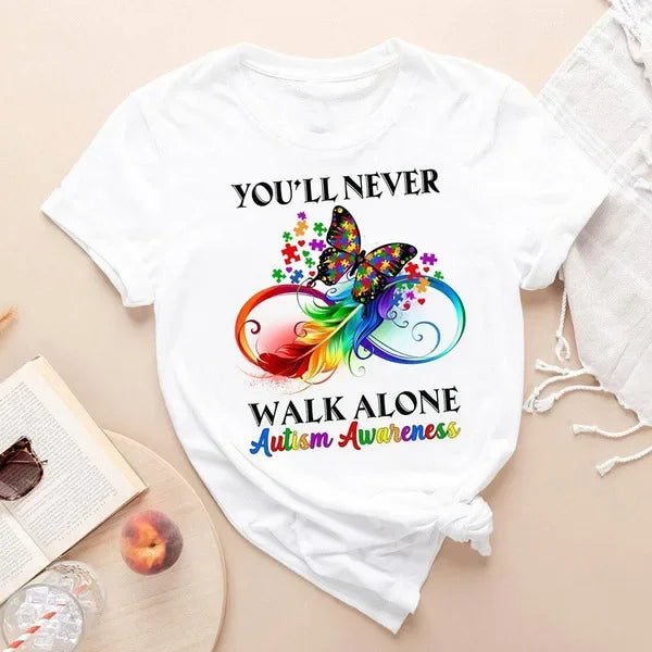 Autism Never Walk Alone Print Women T Shirt Short Sleeve O Neck Loose Women Tshirt Ladies Tee Shirt Tops Clothes Camisetas Mujer