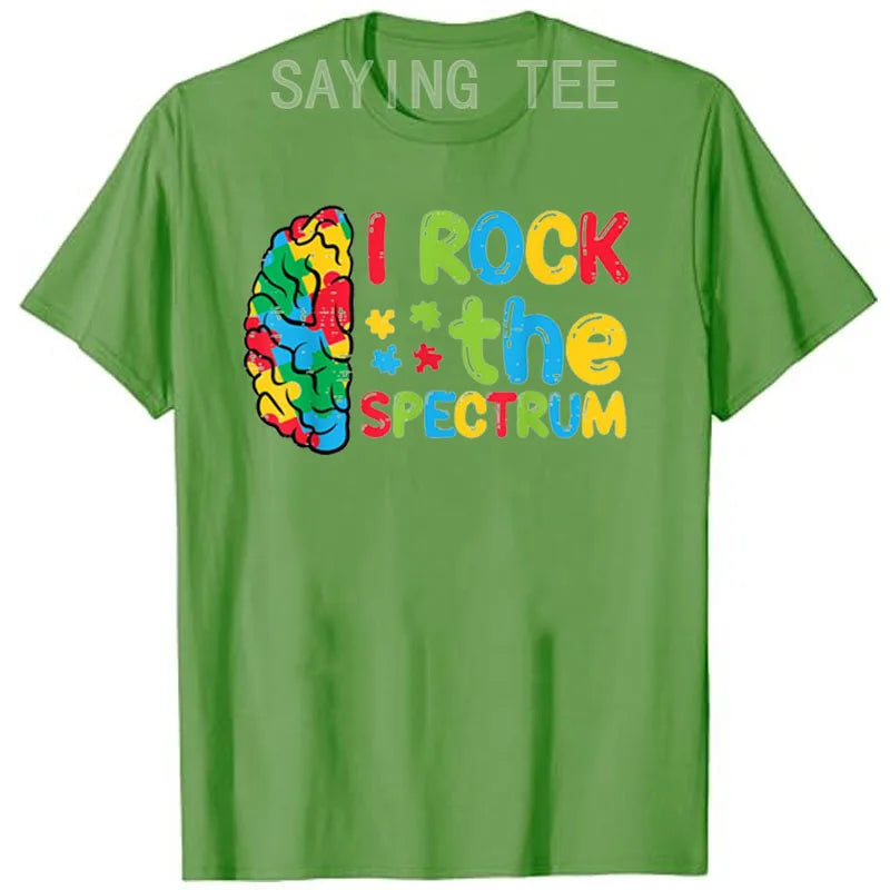 Autism Brain I Rock The Spectrum Awareness Boys Girls Kids T-Shirt Puzzle Blue Ribbon Rainbow Infinity Outfit Saying Tee Gifts