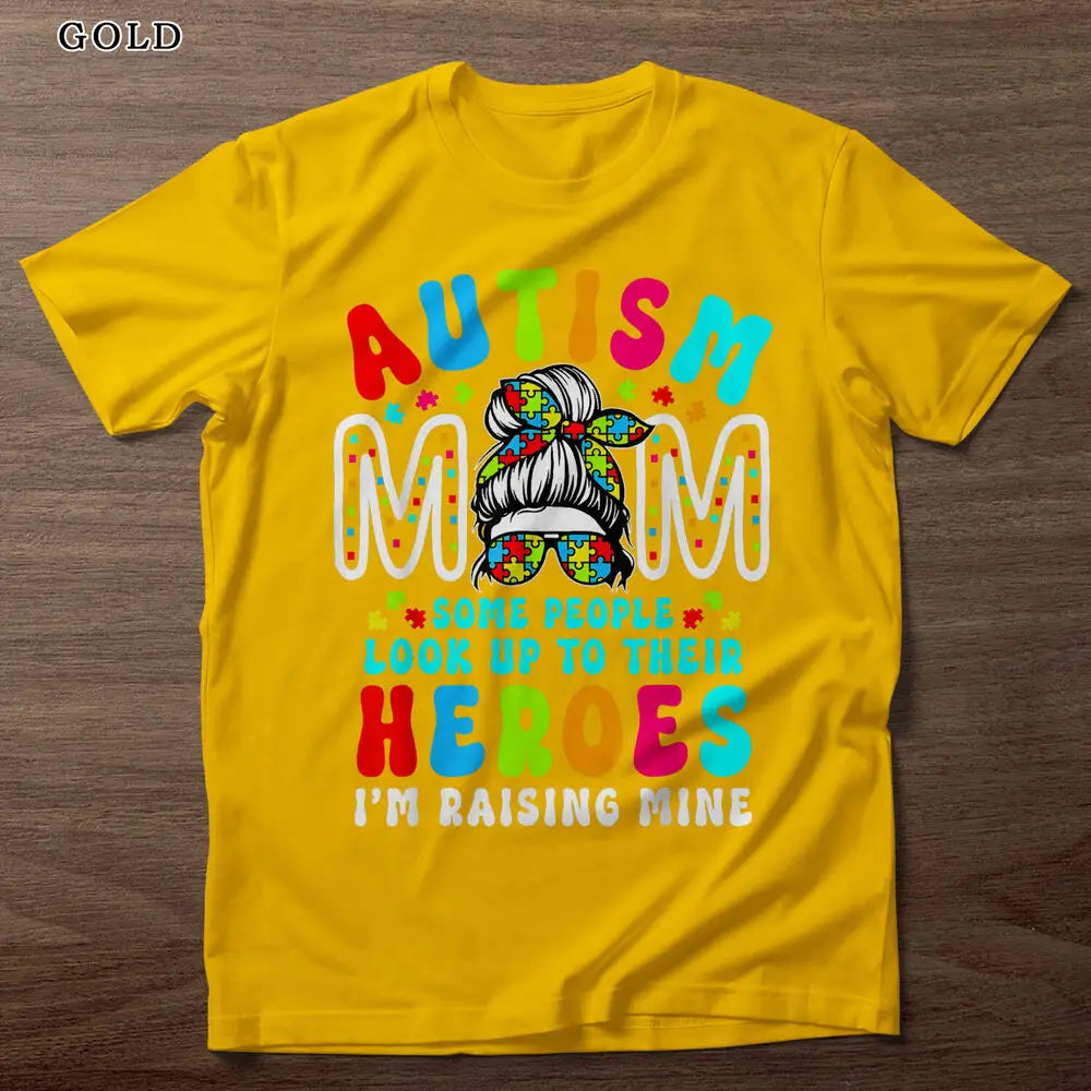 Autism Mom Raising Hero Groovy  Bun Autism Awareness T-Shirt Gift for Her