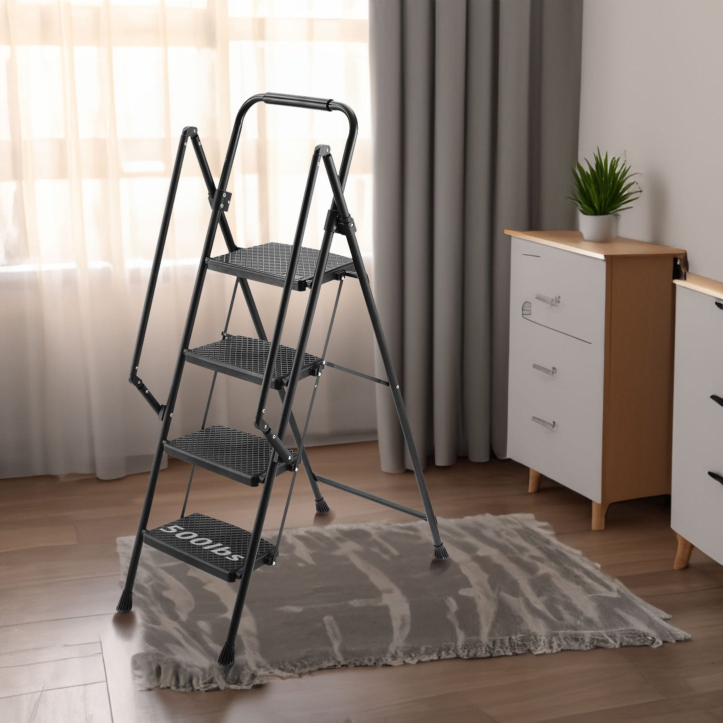 Lightweight folding four step stool, wide anti slip pedal and safety handle, sturdy steel ladder, multifunctional ladder