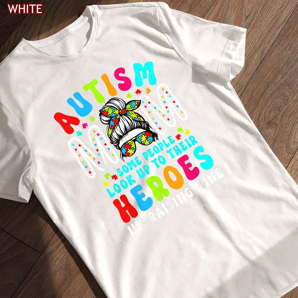 Autism Mom Raising Hero Groovy  Bun Autism Awareness T-Shirt Gift for Her