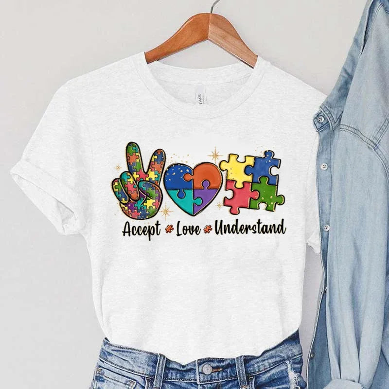 Accept Love and Understand Print T-shirts Autism Awareness T Shirts Color Puzzle Block Women's Tees Harajuku Korean Tops 2023