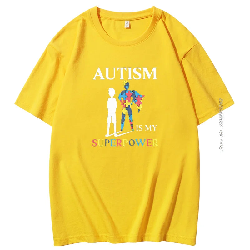 Autism Is My Super Power Puzzle Piece Cotton Funny men's short sleeve t-shirt Autism Graphic Tee Summer Men's clothing