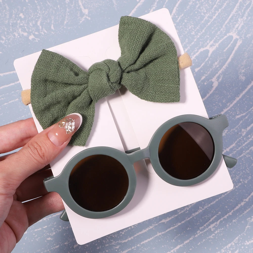 2Pcs/Pack Vintage Kids Summer Bows Headband Round Sunglasses Children Sun Glasses Protection Glasses Baby Hair Accessories