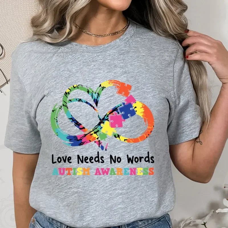 Fashion T-shirt for Women Kids Tops Love Needs No Words Print Women's Clothing Casual Autism Awareness Kawaii Tees Y2k Clothes