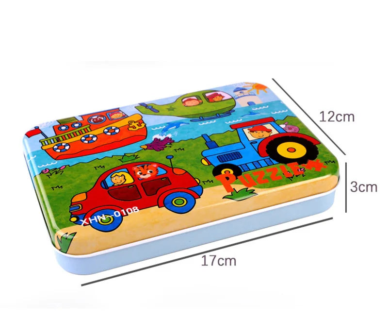 Kindergarten Children Wooden Puzzle 9/12/15/20 Pcs 4 in 1 Cartoon Animal Jigsaw with Iron Box Kids Educational Toy