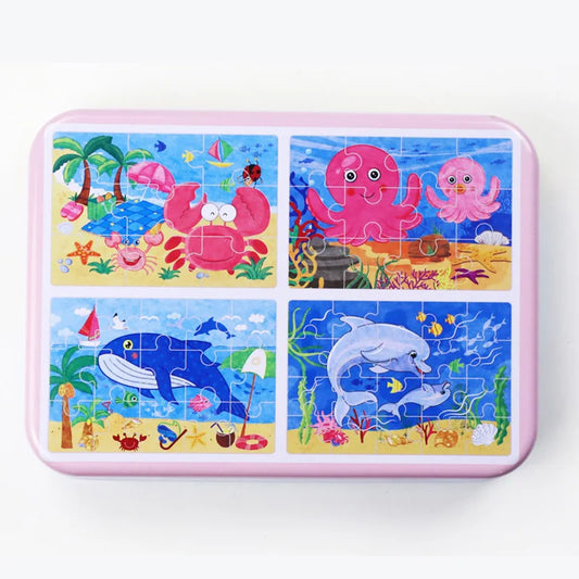 Kindergarten Children Wooden Puzzle 9/12/15/20 Pcs 4 in 1 Cartoon Animal Jigsaw with Iron Box Kids Educational Toy