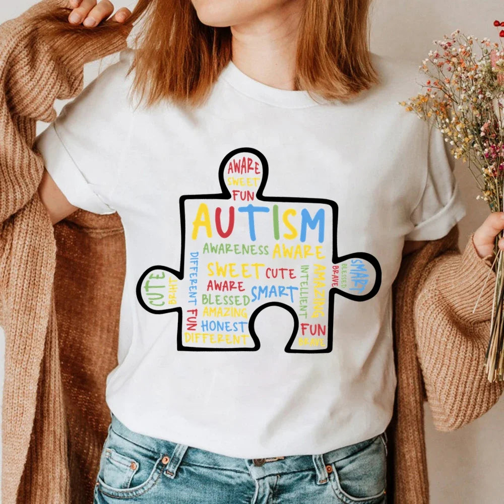 Women T-Shirt Summer Autism Graffiti Puzzle T Shirt Women Casual White Cozy Tops Loose Short Sleeve Y2k Tshirt Camisas Mujer