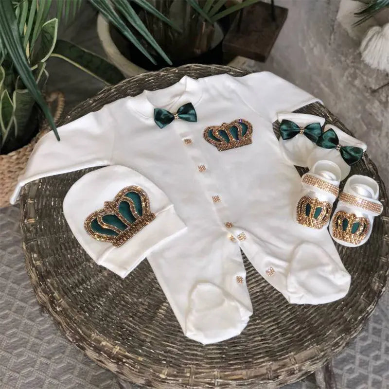 Dollbling Emerald Gold Crystal Luxury Baby Bling Romper Set My 1st Christmas Photography 4pcs Romper Hat Mittens Shoes Set