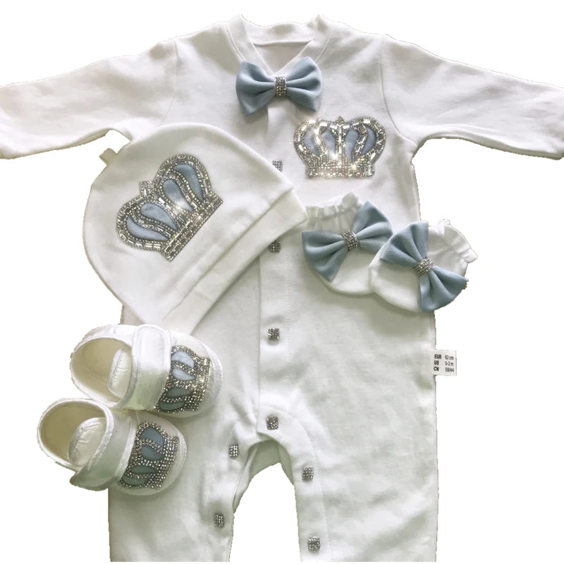 Dollbling Emerald Gold Crystal Luxury Baby Bling Romper Set My 1st Christmas Photography 4pcs Romper Hat Mittens Shoes Set