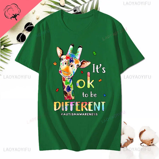 Cute Giraffe Animal Its Ok To Be Different T-Shirt Autism Awareness T Shirt Kawaii Clothes Man Women Clothing Cotton Short-sleev