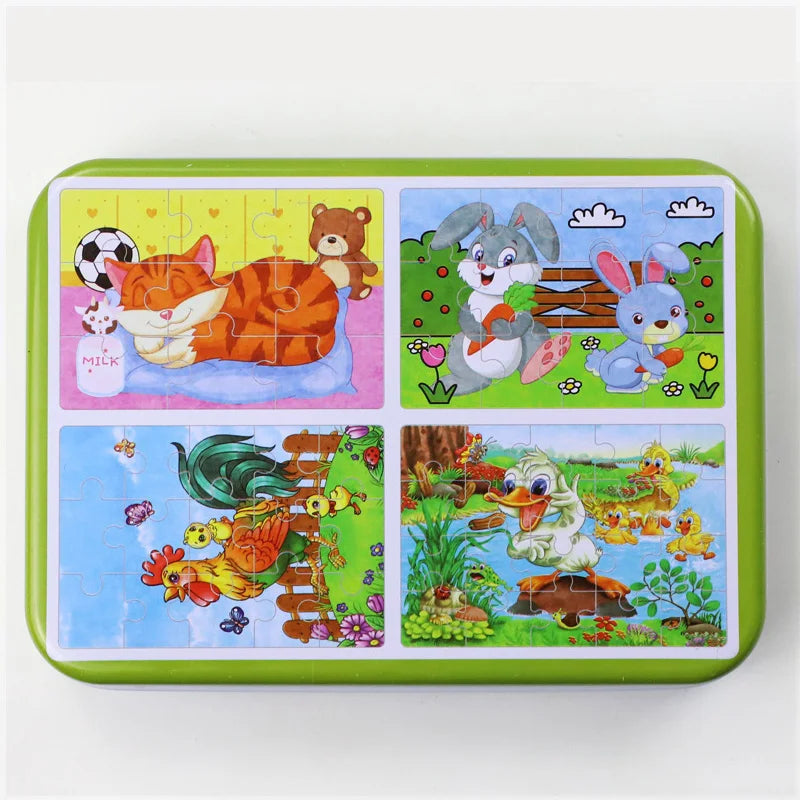 Kindergarten Children Wooden Puzzle 9/12/15/20 Pcs 4 in 1 Cartoon Animal Jigsaw with Iron Box Kids Educational Toy