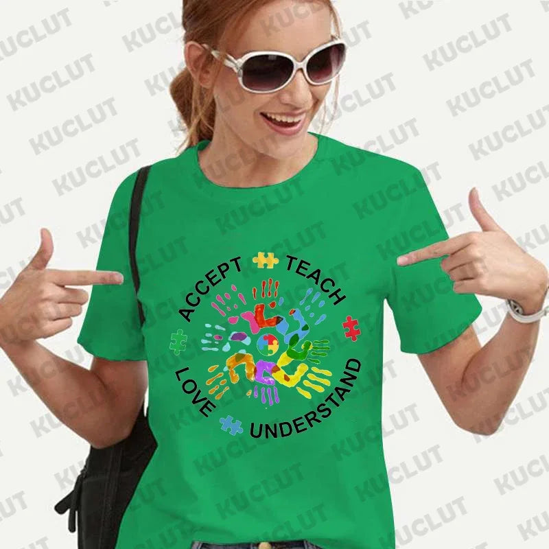 Autism Awareness Shirt for Women Teach Accept Understand Love T-shirts Neurodivergent Tshirts Autism Support Tee Shirt Y2k Tops