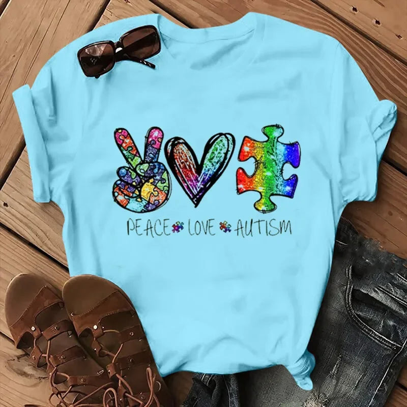 Peace Love Autism Colorful Print Women T Shirt Short Sleeve O Neck Loose Women Tshirt Ladies Tee Shirt Tops Camisetas Mujer