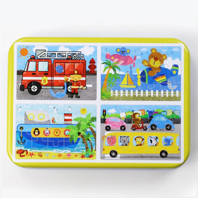 Kindergarten Children Wooden Puzzle 9/12/15/20 Pcs 4 in 1 Cartoon Animal Jigsaw with Iron Box Kids Educational Toy