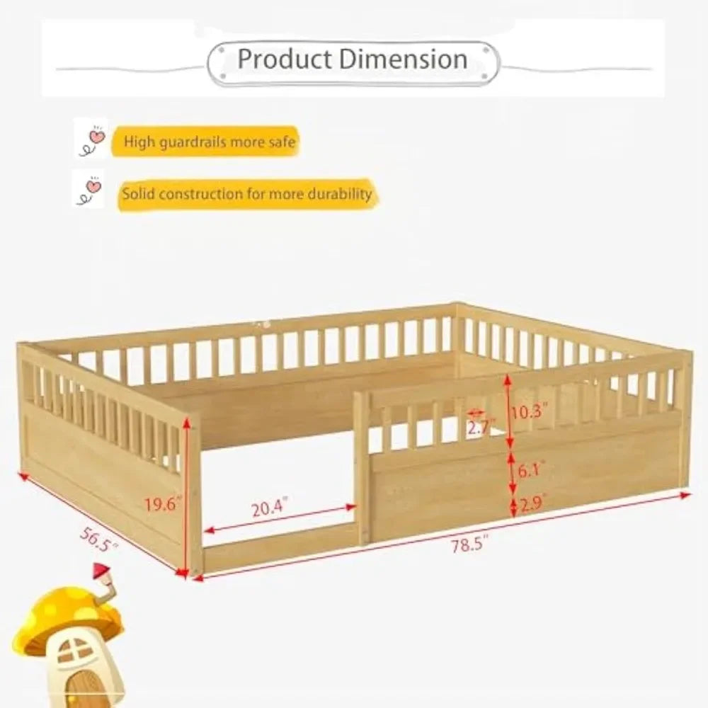 Floor Bed for Kids, Montessori Bed with High Fence Railings, Wood Playhouse Bed with Rails for Baby Boys Girls Teens