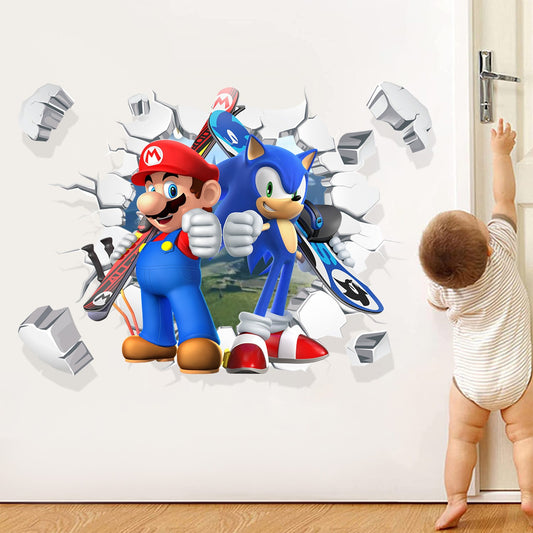 Mario Children's Room Broken Wall Decoration Sticker PVC Self Adhesive Cartoon Anime Sonic Sticker Poster