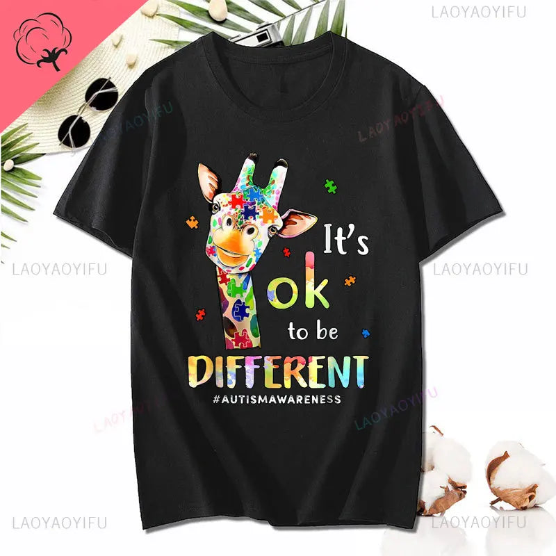 Cute Giraffe Animal Its Ok To Be Different T-Shirt Autism Awareness T Shirt Kawaii Clothes Man Women Clothing Cotton Short-sleev