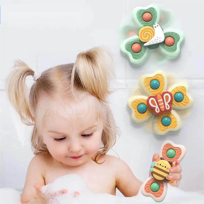 3pcs cartoon baby bath toy bee butterfly snail insect cute rotating fidget spinner toy with suction cup for kids gifts wholesale