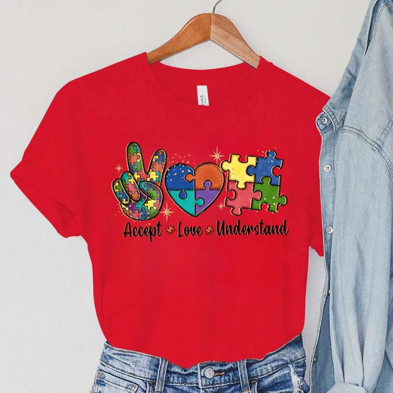 Accept Love and Understand Print T-shirts Autism Awareness T Shirts Color Puzzle Block Women's Tees Harajuku Korean Tops 2023