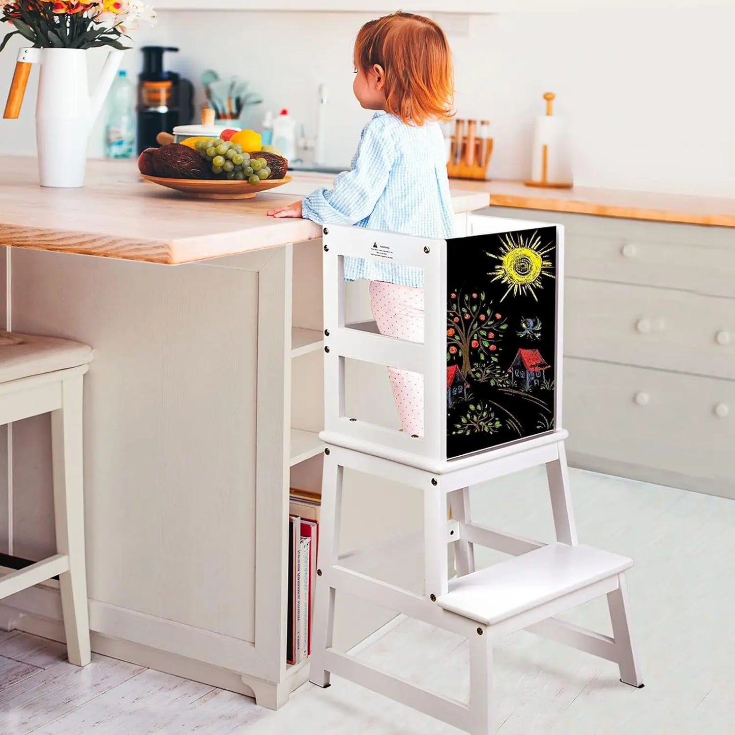 Kids Kitchen Step Stool with Chalkboard & Safety Rail for Toddlers 18 Months and Older, Safety Anti-Slip Protection