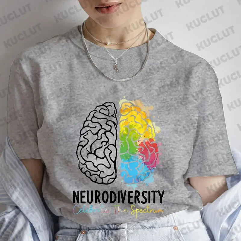 Women Clothing Embrace Neurodiversity Celebrate The Spectrum Brain Autism T-Shirt Short Sleeve Tees Fashion Y2k Graphic Tops