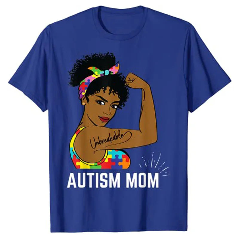 Autism Awareness Strong Mom Afro Mother Black Women Gift T-Shirt Aesthetic Clothes Graphic Tee Tops Short Sleeve Blouses