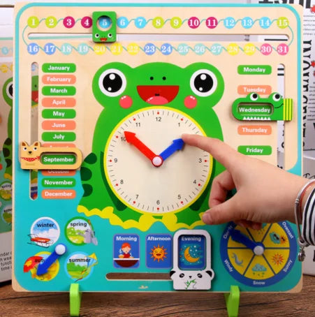 Montessori Wooden Frog Clock Toys For Kids Weather Season Calendar Clock Time Cognition Educational Toy for Children Preschool