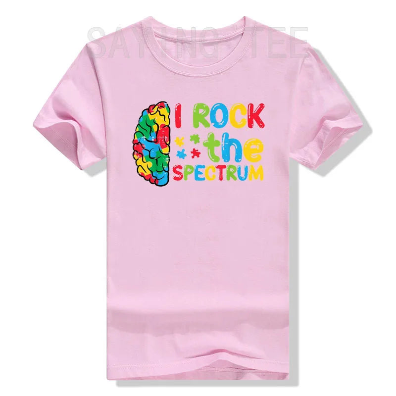 Autism Brain I Rock The Spectrum Awareness Boys Girls Kids T-Shirt Puzzle Blue Ribbon Rainbow Infinity Outfit Saying Tee Gifts