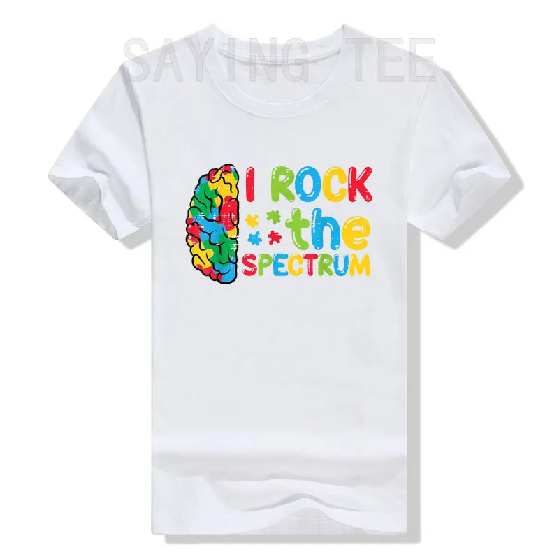 Autism Brain I Rock The Spectrum Awareness Boys Girls Kids T-Shirt Puzzle Blue Ribbon Rainbow Infinity Outfit Saying Tee Gifts