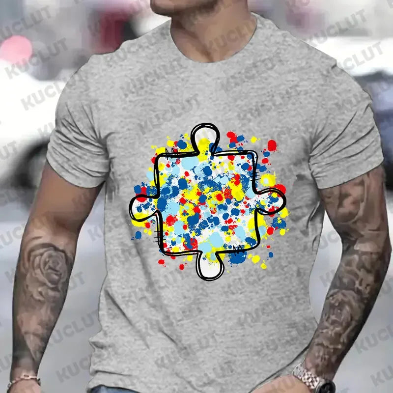 Men's T-Shirt Autism Awareness Puzzle Piece Print Male Tshirt Casual Fashion Soft Fashion Tees Clothing Harajuku Graphic Tops