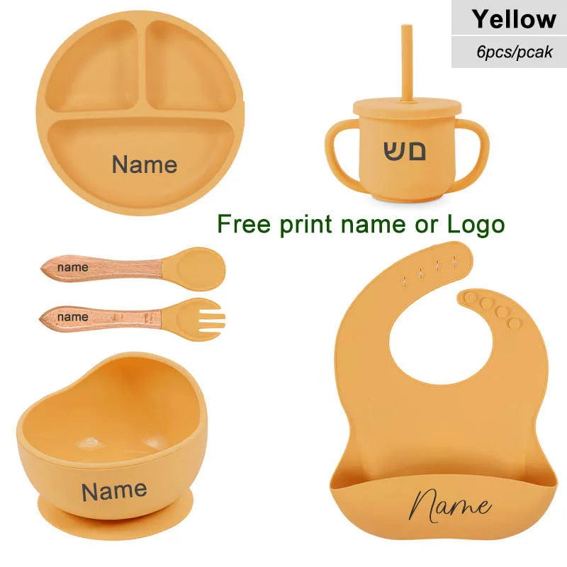 6Pcs Silicone Tableware For Kids Baby Feeding Sets Sucker Bowl Dining Plate Spoon Fork Bib Cup Personalized Name Children's Gift