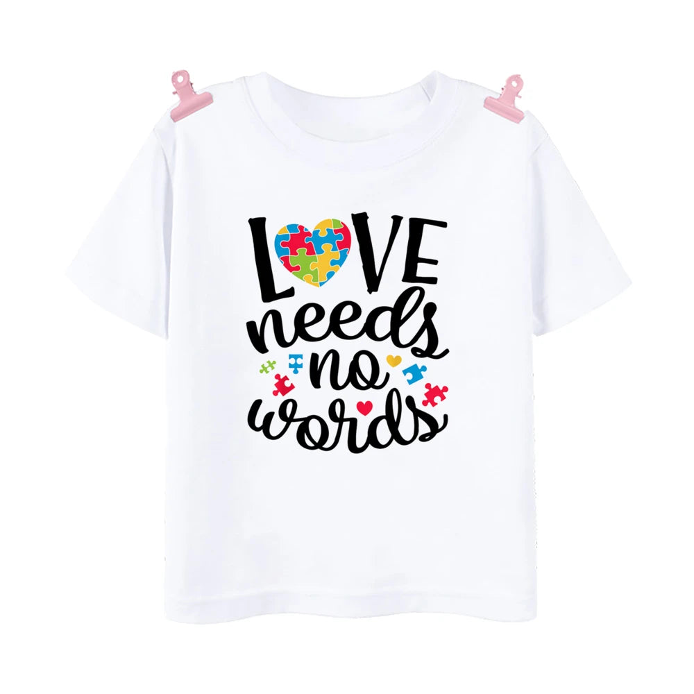 Love Need No Words Print T-shirt Tops Autism Awareness Shirt Autism Kids TShirt Puzzle Piece Autism T Shirt Gifts for Children