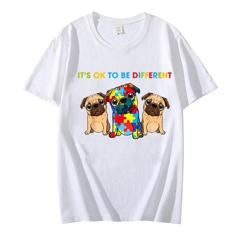 Cute Pug Dogs It's Ok To Be Different Autism Awareness Women T Shirt Summer Tee Shirt Streetwear Hip Hop for Kids Female Tops