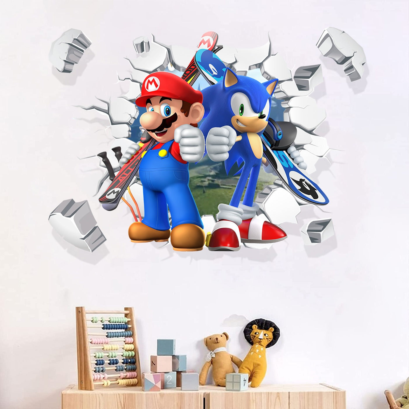 Mario Children's Room Broken Wall Decoration Sticker PVC Self Adhesive Cartoon Anime Sonic Sticker Poster